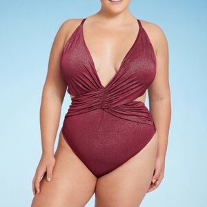 SHADE & SHORE Monokini Plunge Cut Out High Leg Lurex One Piece Swimsuit Burgundy